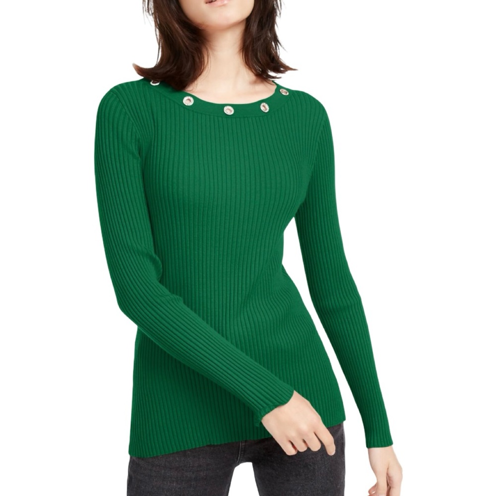 INC Women’s Green Ribbed Long-Sleeve Knit Sweater Top Grommet Detail Medium EUC